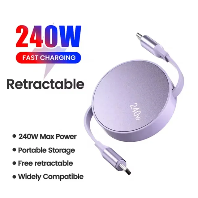 Przenośny, wysuwany kabel USB typu C o mocy 240 W do szybkiego ładowania i transmisji danych USB typu C do telefonów iPhone Android Xiaomi Huawei OPPO
