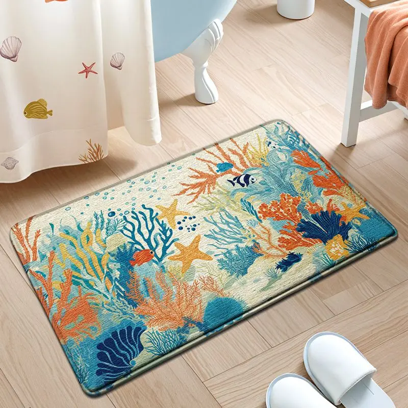 Marine Life Bath Mat, Premium Cotton Sponge, Ultra Soft & Rebound, Super Absorbent, Anti-Slip Backing, Fast Drying Bathroom Rug