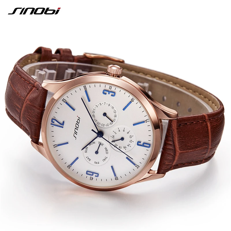 SINOBI Men\'s Wristwatches Calendar Week Date Functions Leather Strap Business Males Geneva Quartz Clock gifts Relogio Masculino