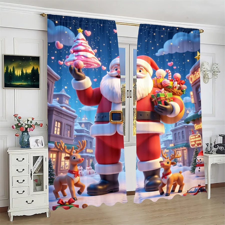 2pcs- Christmas Santa Claus Christmas tree pattern printed curtains, Christmas decorations, home decorations, room decorations