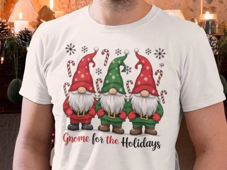 

Gnome Christmas T-Shirt: Festive Holiday Cheer Tee Cotton Vintage Round Neck Streetwear Tees Short Sleeve Mens Clothing