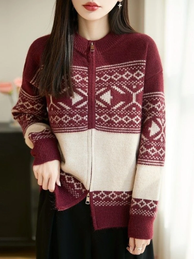 Zipper Knitted Cardigan Women Autumn and Winter Loose Warm Double Zipper Women Cardigan Leisure Fashion Versatile Sweater Coat