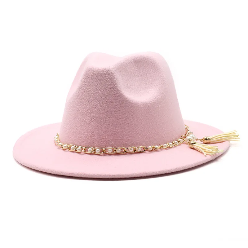 Pearl Tassel Chain Woolen Fedora Hat Men And Women European And American Broad Brimmed Hat Fashion Flat Brimmed Cap