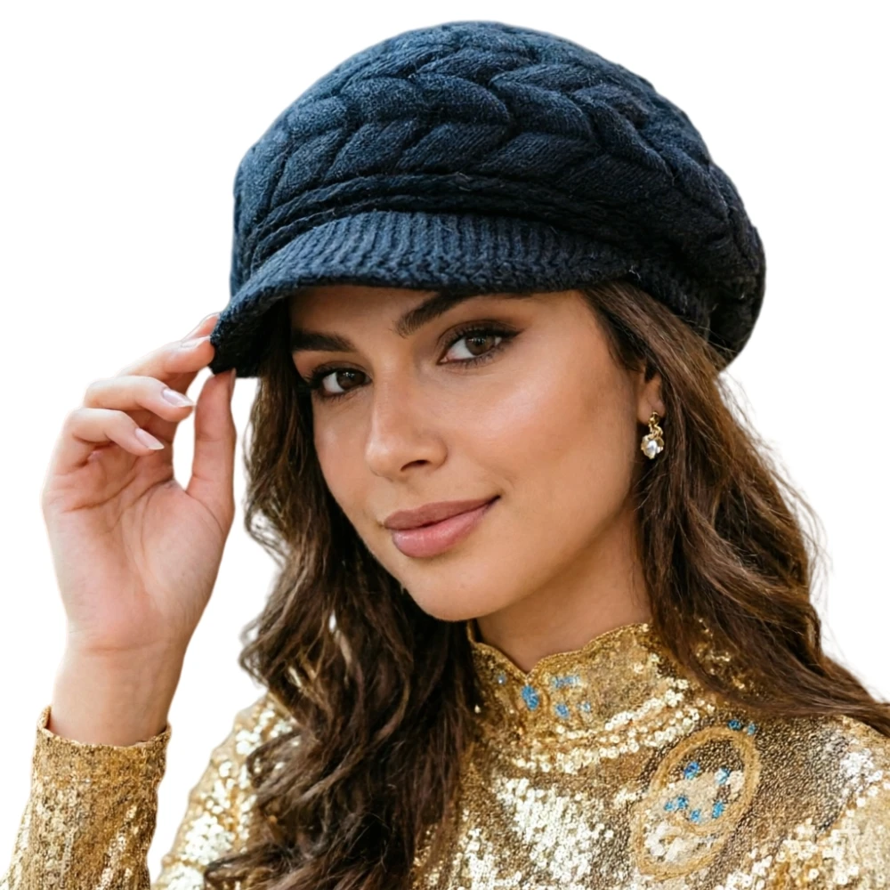 Retro Women's Winter Warm Knitted Cap, Cold Weather Running, Camping, Walking Fashionable Skiing Cap with Sun Hat