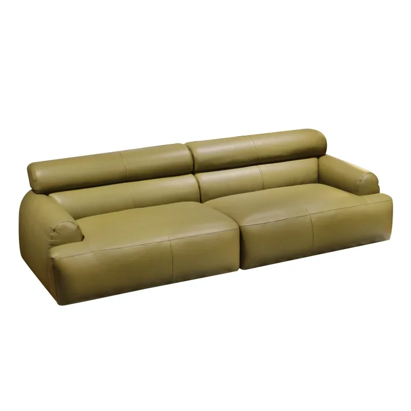 Bread leather sofa, living room first layer cowhide straight row small apartment sofa, retro style medium and ancient style