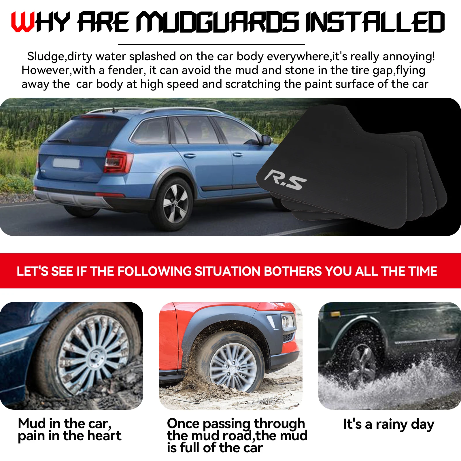 4Pcs Universal 3D Carbon Fiber Mud Flaps Splash Guards Front Rear Car Accessories Fender Clips Mudguards Bodykit Rubber Fitment