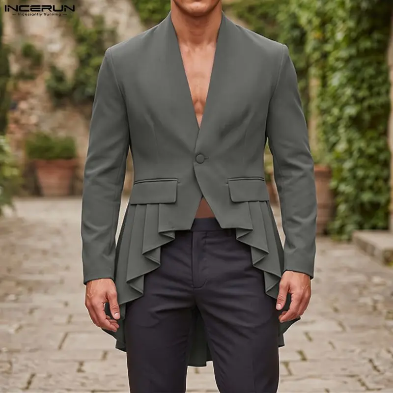 Men Irregular Blazer V Neck Long Sleeve Ruffle One Button Male Suit Streetwear Pleated Fashion Casual Thin Coats Blazer INCERUN
