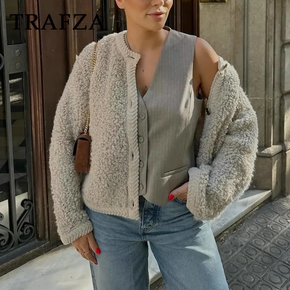 TRAFZA 2023 Autumn Winter Women Casual Knitted Solid Sweaters Fashion Vintage Straight O Neck Button Single Breasted Sweaters