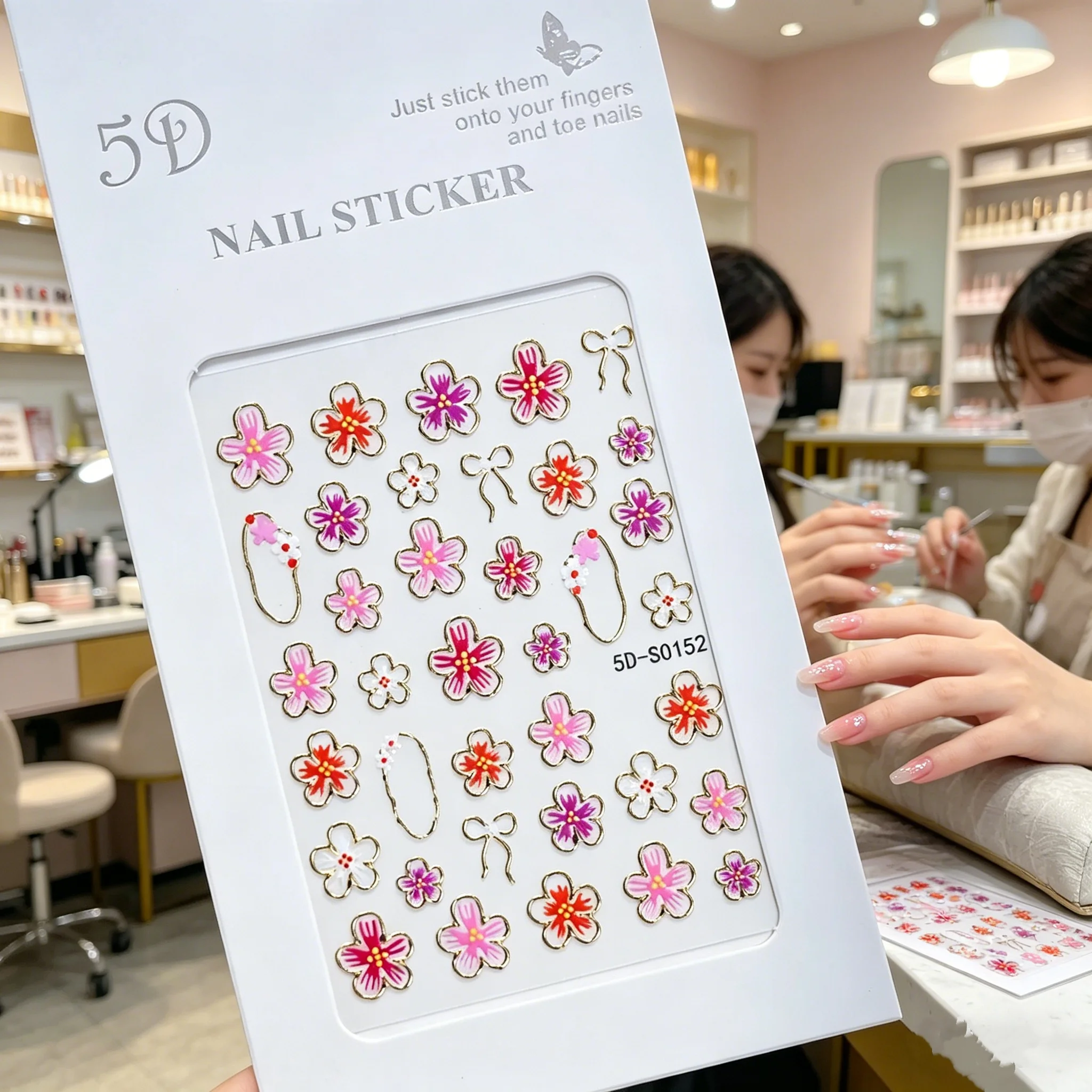 1pc 5D Pink Red Floral Petals Bowknot Nail Decals Gold Line Frame Hibiscus Flower Nail Stickers Spring Summer Y2K Nail Supplies*
