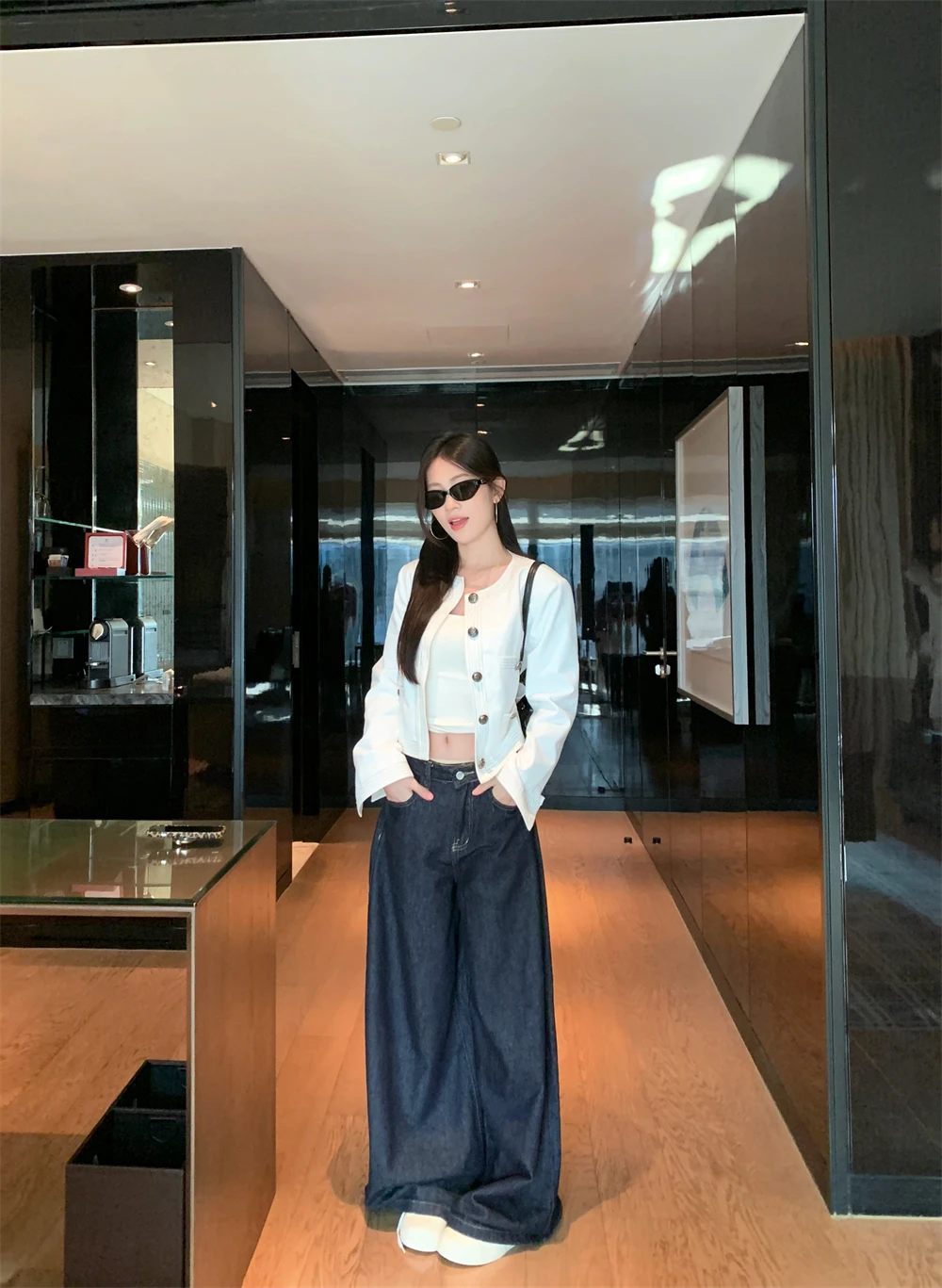 Tweedowa kurtka-płaszcz oversize damska wiosenna casualowa łączona dopasowana Ulzzang vintage z frędzlami ozdobnymi, szyfonowa, ze sznurkiem i kokardą, styl OL