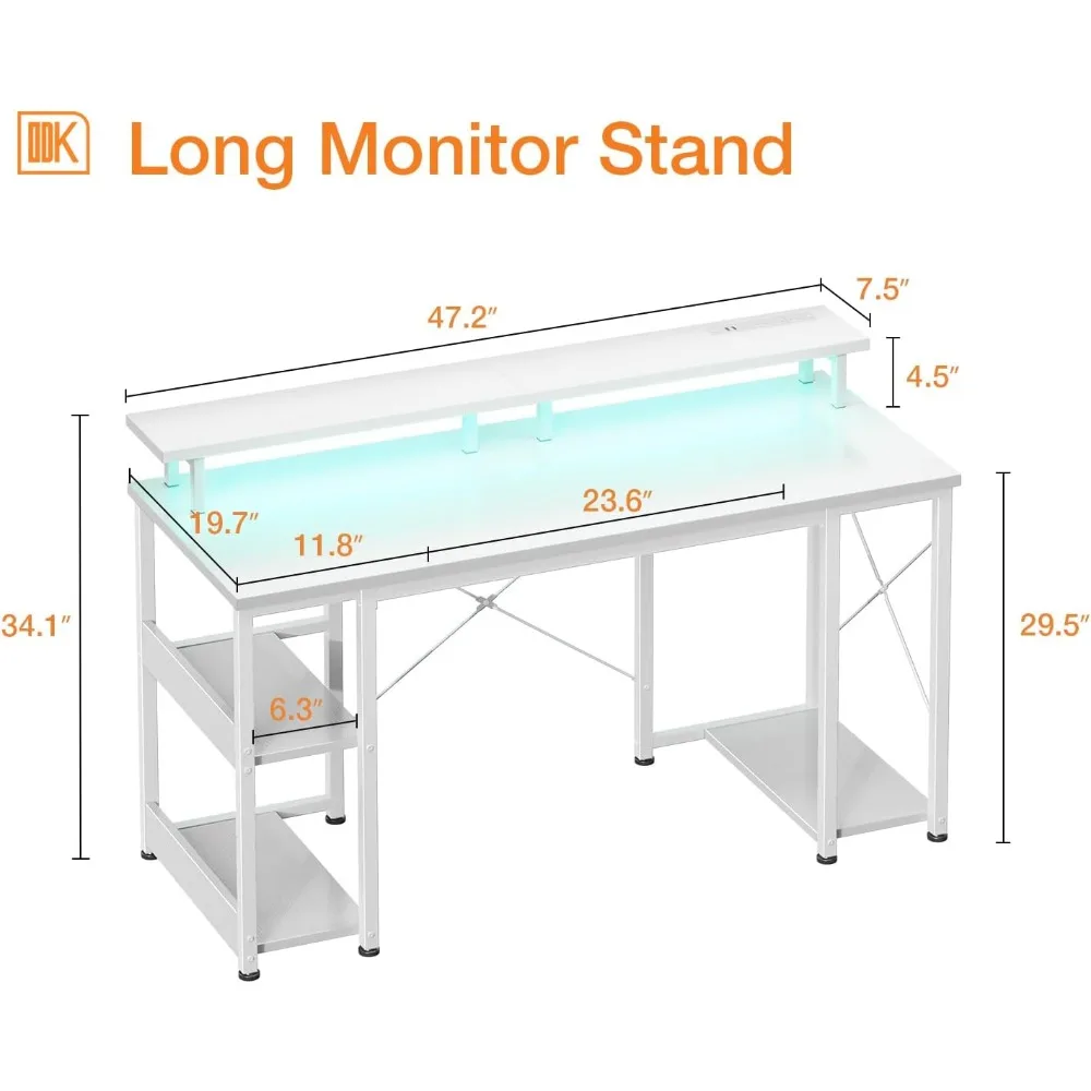 ODK Gaming Desk com luzes LED e Tomadas, Computer Desk, Monitor Stand, armazenamento Sheleves, CPU Stand, Home, 48"