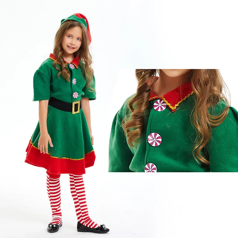 Green Elf Boys Girls Christmas Cosplay Costume Festival Santa Clause Set for Kids New Year Tops Pants Hat Belt Xmas Party Dress