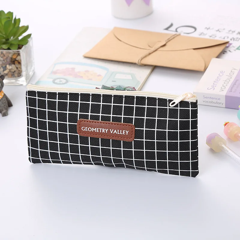 Kawaii Grid Canvas Pencil Bag, Large Capacity Zipper Pencil Pouch, Multi‑functional Stationery Storage Pouch for School Office