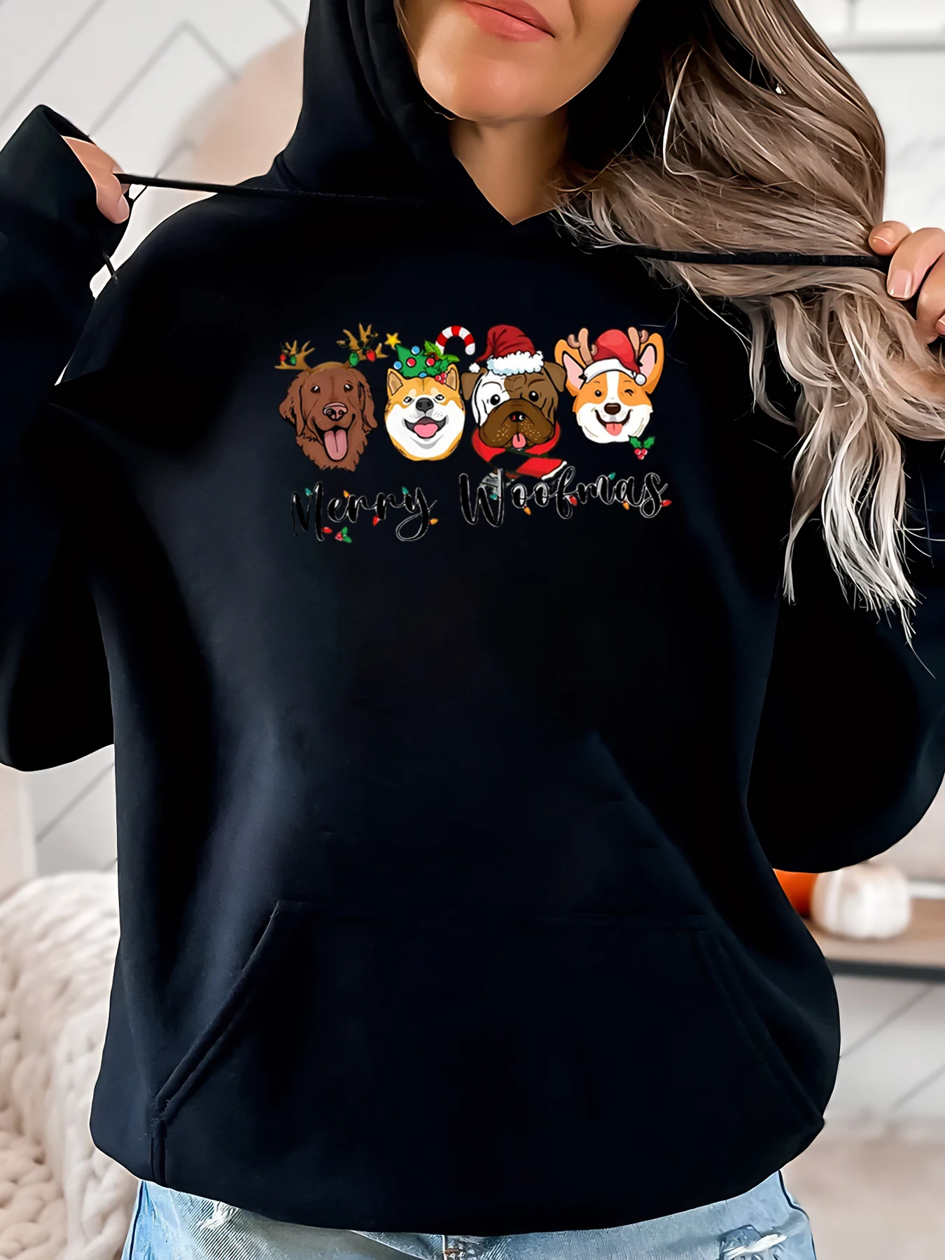 

Dog Faces Merry Woofmas Рождественская толстовка с капюшоном для женщин Повседневная праздничная одежда черного цвета больших размеров