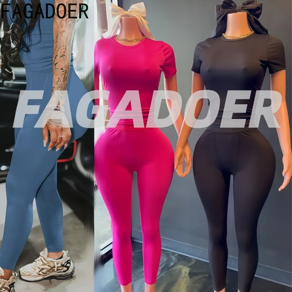 

FAGADOER Casual Ribbing Woman 2 Piece Set Outfit Solid Color Short Sleeve Crop Top and Pants Matching Female Streetwear 2025
