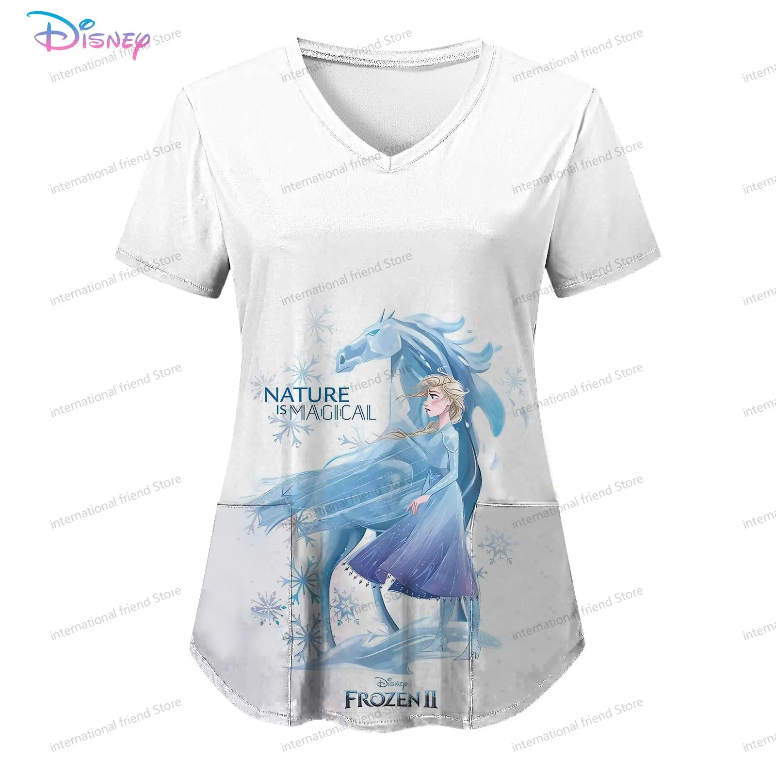 Pocket Disney Princess Women's V Neck Nurse Uniform T-Shirt Youthful Woman Clothes New Dress Cheap Top Summer Y2k 2024 Kawaii