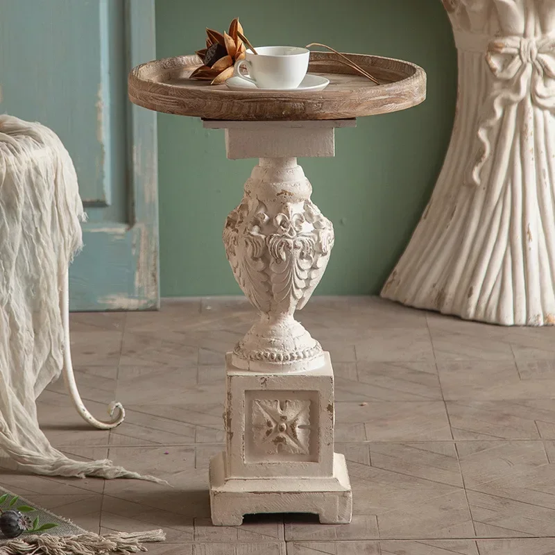 Roman column carved round table, white French milk tea coffee table, solid wood villa living room style small coffee table
