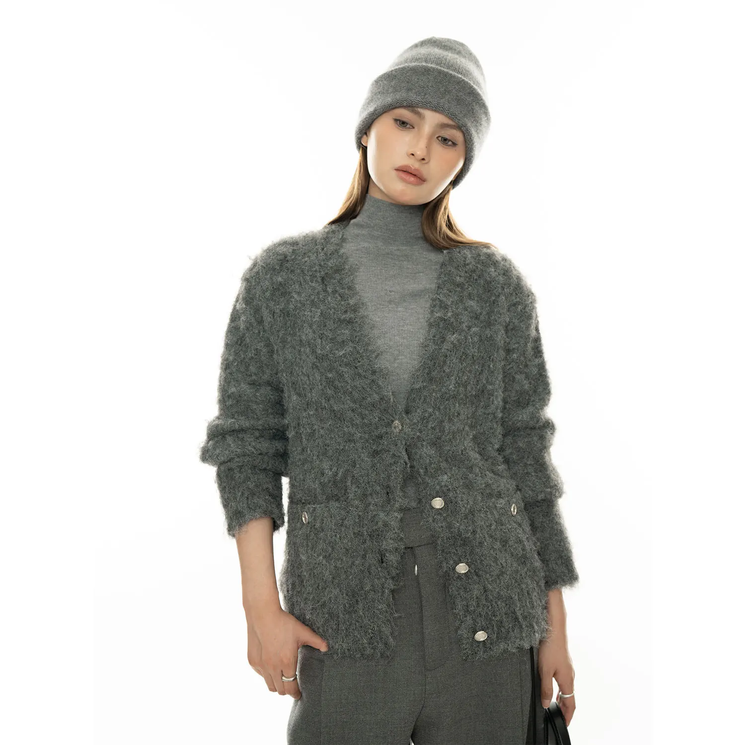 Fuzzy Pink Knit Caridgan Women Gray Autumn Winter Knitted Cardigan Soft Comfortable Slimming Sweater