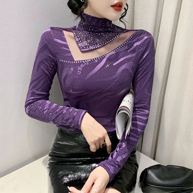Autumn Winter New Mesh T shirt Fashion V-Neck Diamond Shirt Slim Fit Half High Collar Long Sleeve Women Tops