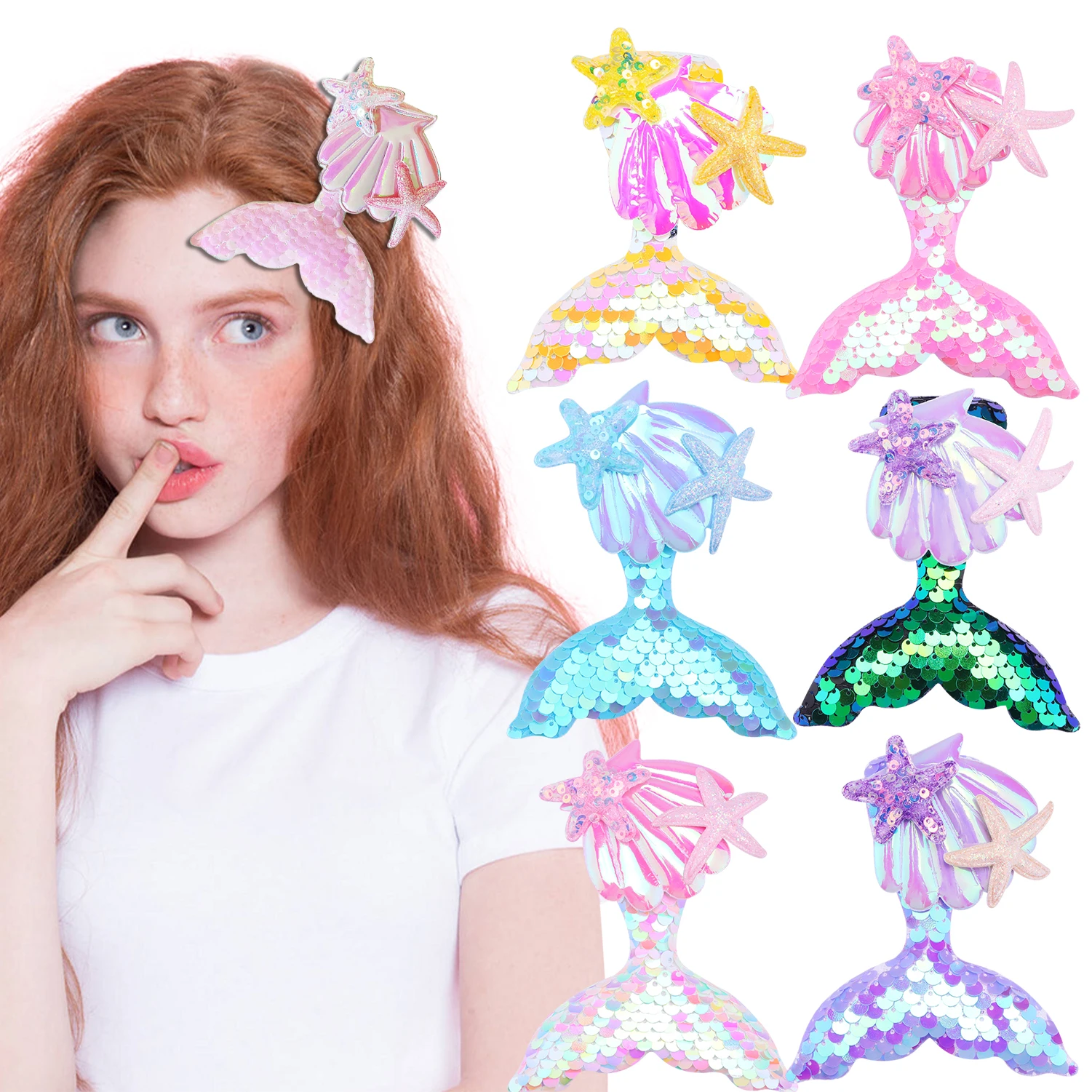 Glitter Mermaid Princess Hairpins Sequins Cute Cartoon Hair Clips for Baby Girls Starfish Shell Hairclip Headdress Accessories