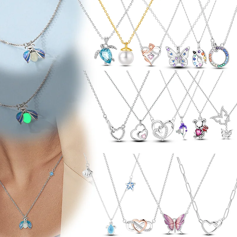 جديد 925 الاسترليني قلادة فضية الأصلي الزركون القلب فراشة السلاحف الدب قلادة قلادة للنساء هدية مجوهرات الحفلات