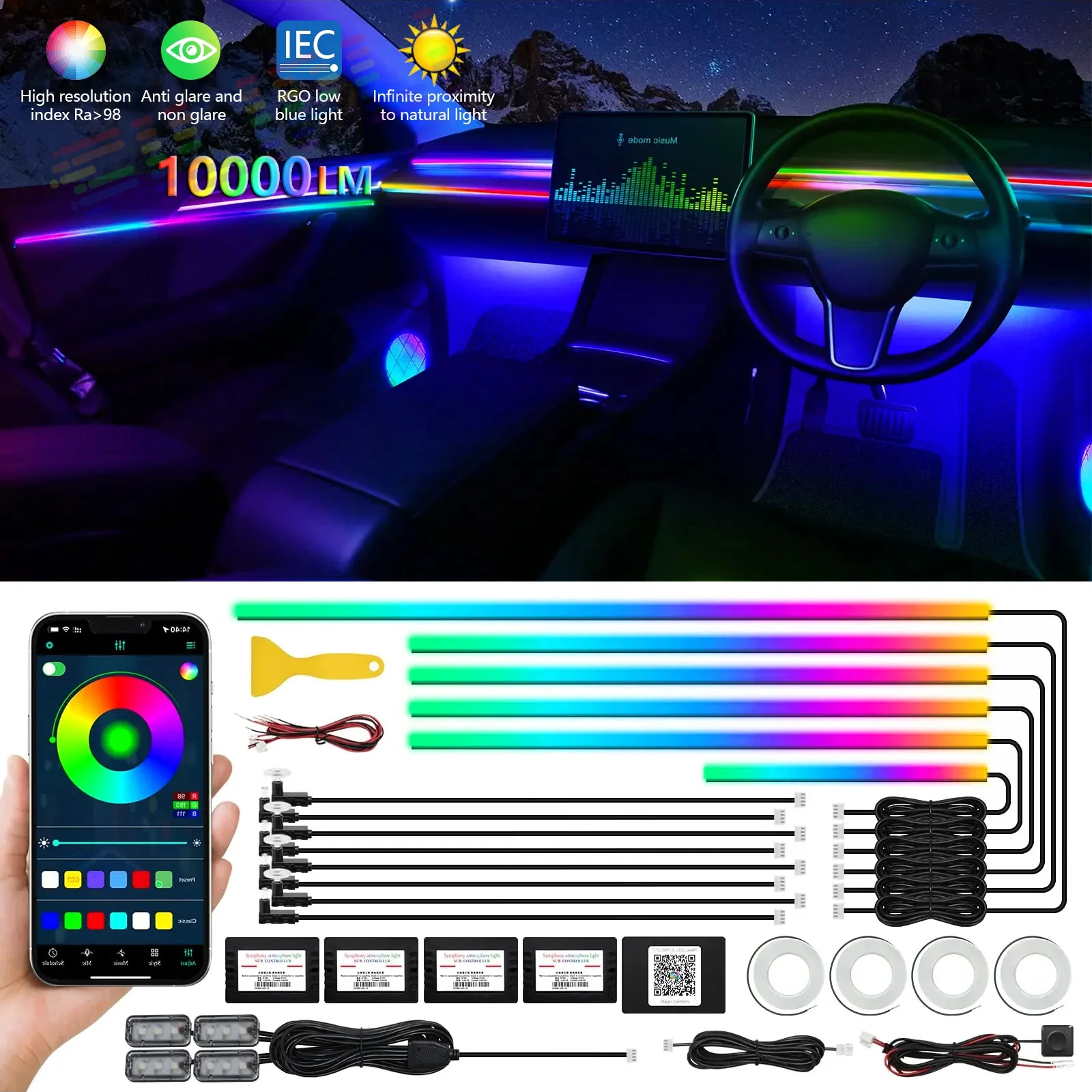 Full Spectum 22P Full Universal Symphony Car LED Ambient Lights Decoration Atmosphere Lamp 64 RGB Colorful Streamer Rainbow App