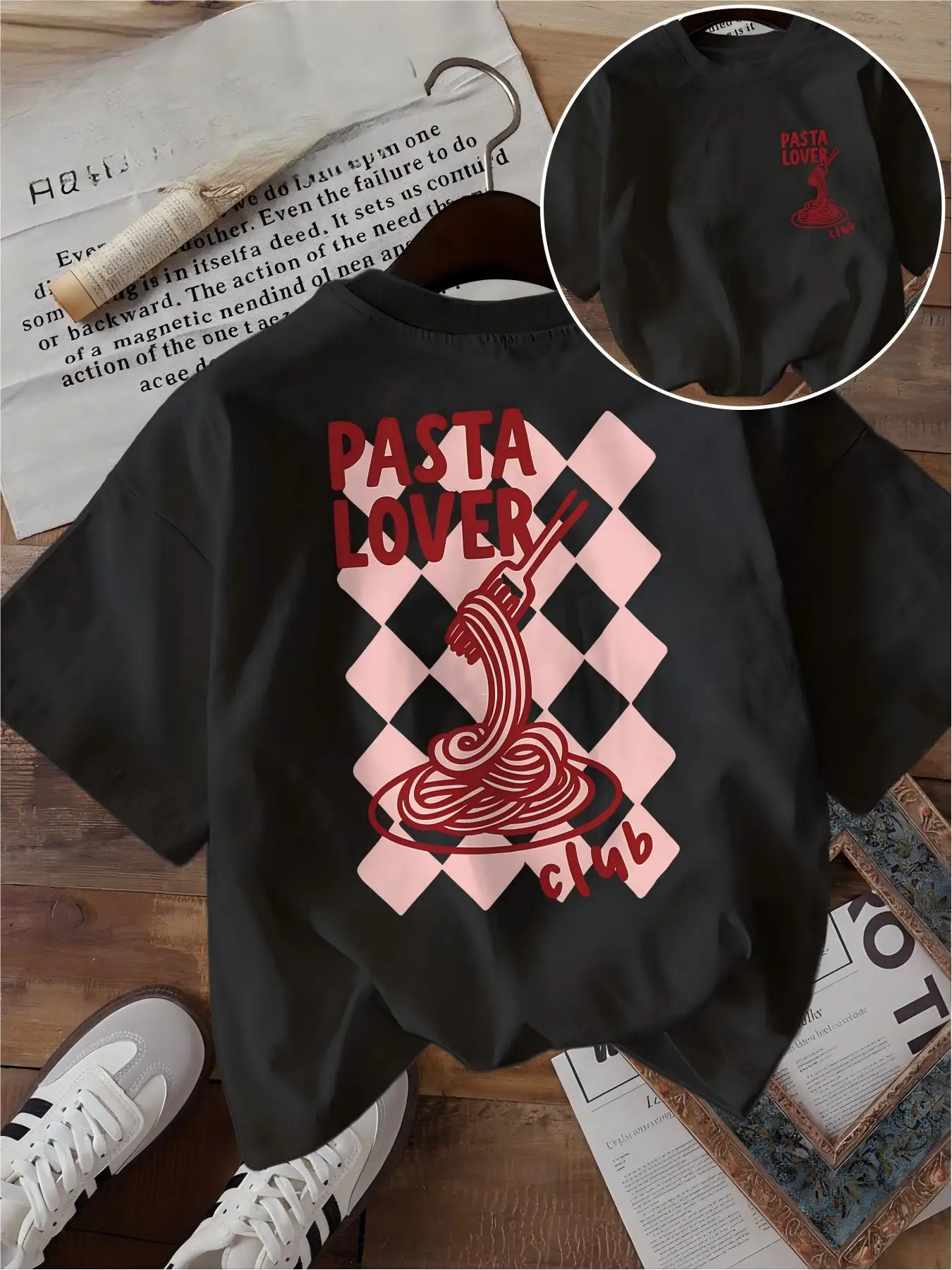 Pasta Lover Club T Shirt Funny Spaghetti Graphic Pink Checkered Unisex Harajuku Aesthetic Loose Short Sleeve Summer Tops