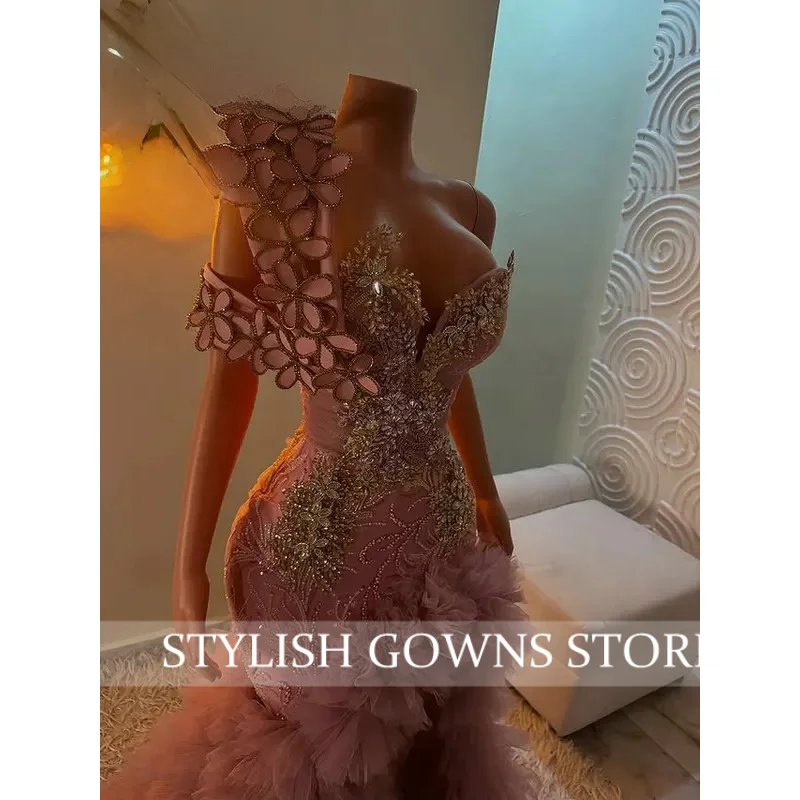 Pink Long Prom Dresses with Side Slit Luxury Mermaid Black Girls 3D Flowers Beaded Rufflues African Evening Gowns Customized