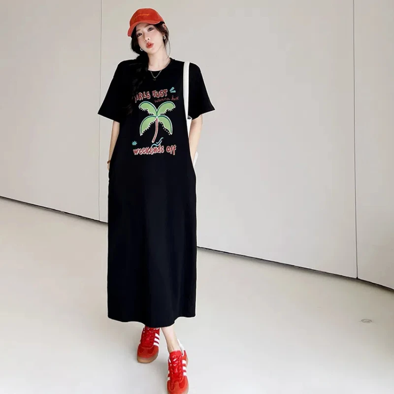 ใหม่ 2025 ฤดูร้อนชุดสตรีหลวมพลัสขนาด Preppy สไตล์ Lady Vestidos พิมพ์เย็บปักถักร้อยแขนสั้นหญิงเสื้อยืดชุด