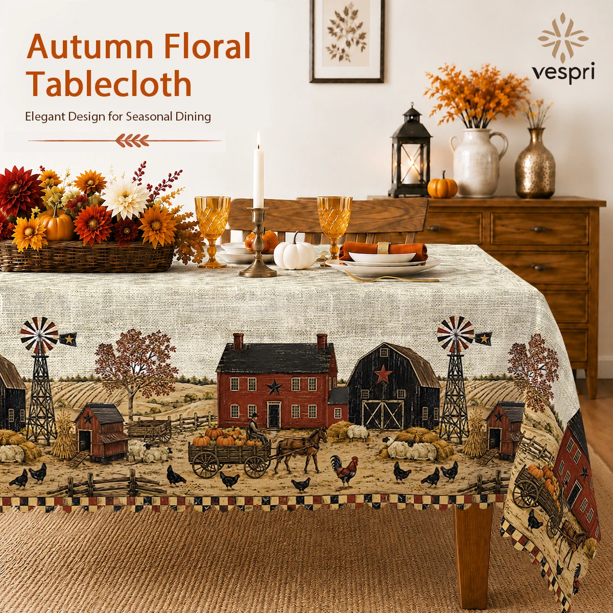 Farmhouse Tablecloth with Country Farms, Red Barns, Birds for Indoor/Outdoor Camping decor, Rectangular/Round/Oval