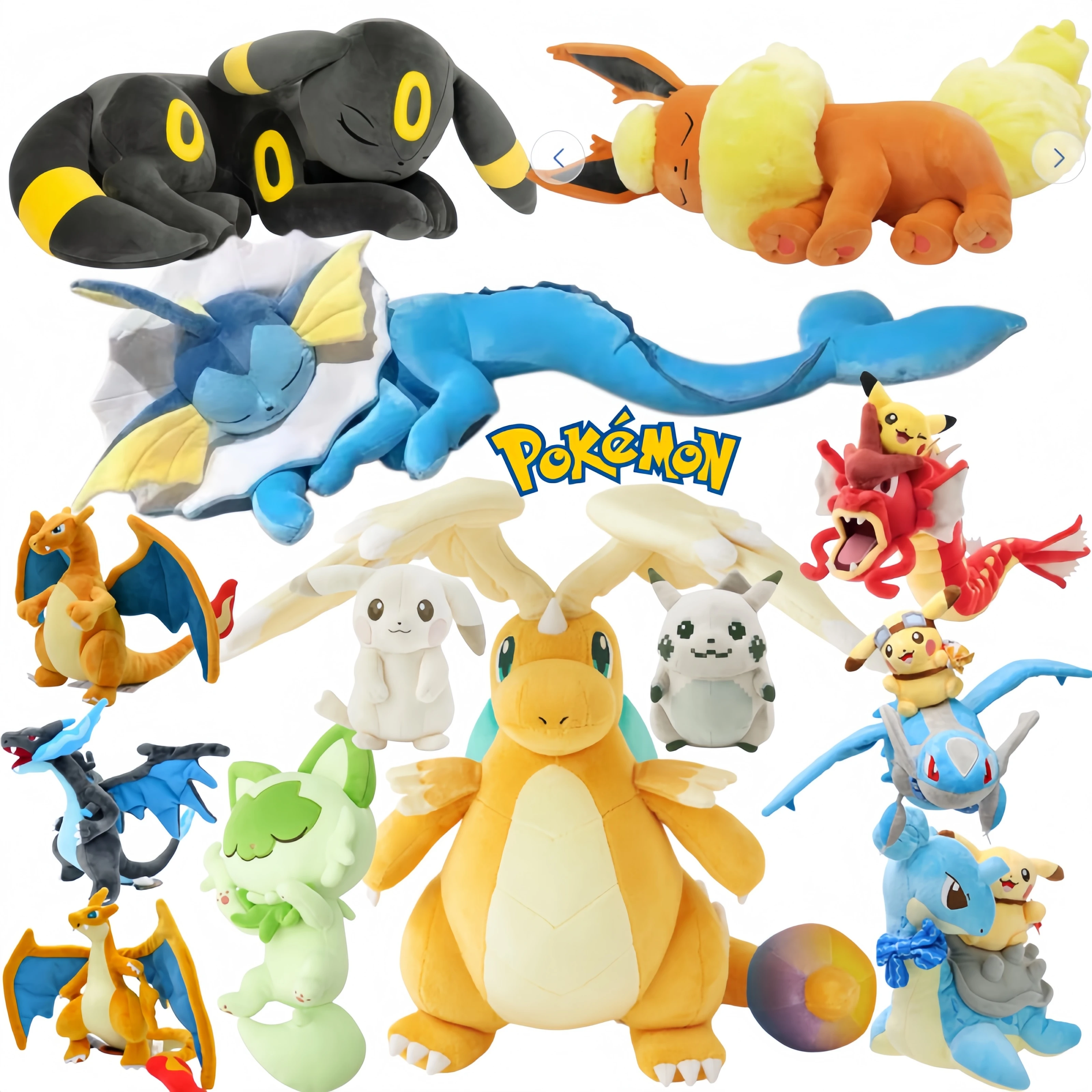 Mega Dragonite com Dratini, Vaporeon, Flareon, Umbreon, Sprigatito, Gyarados, Lapras, Shine Charizard X Y e Morpeko Boneco