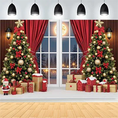 

Christmas Day Wreath Family New Year Party Photography Backdrops Prop Window Living Room Xmas Tree Gift Snow Background VN-06