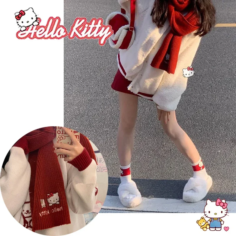

Hello Kitty Scarf Embroidery Warm Autumn Winter Knitted Scarf Fashion Japanese Cute Students Clothing Accessories Cartoon Girls