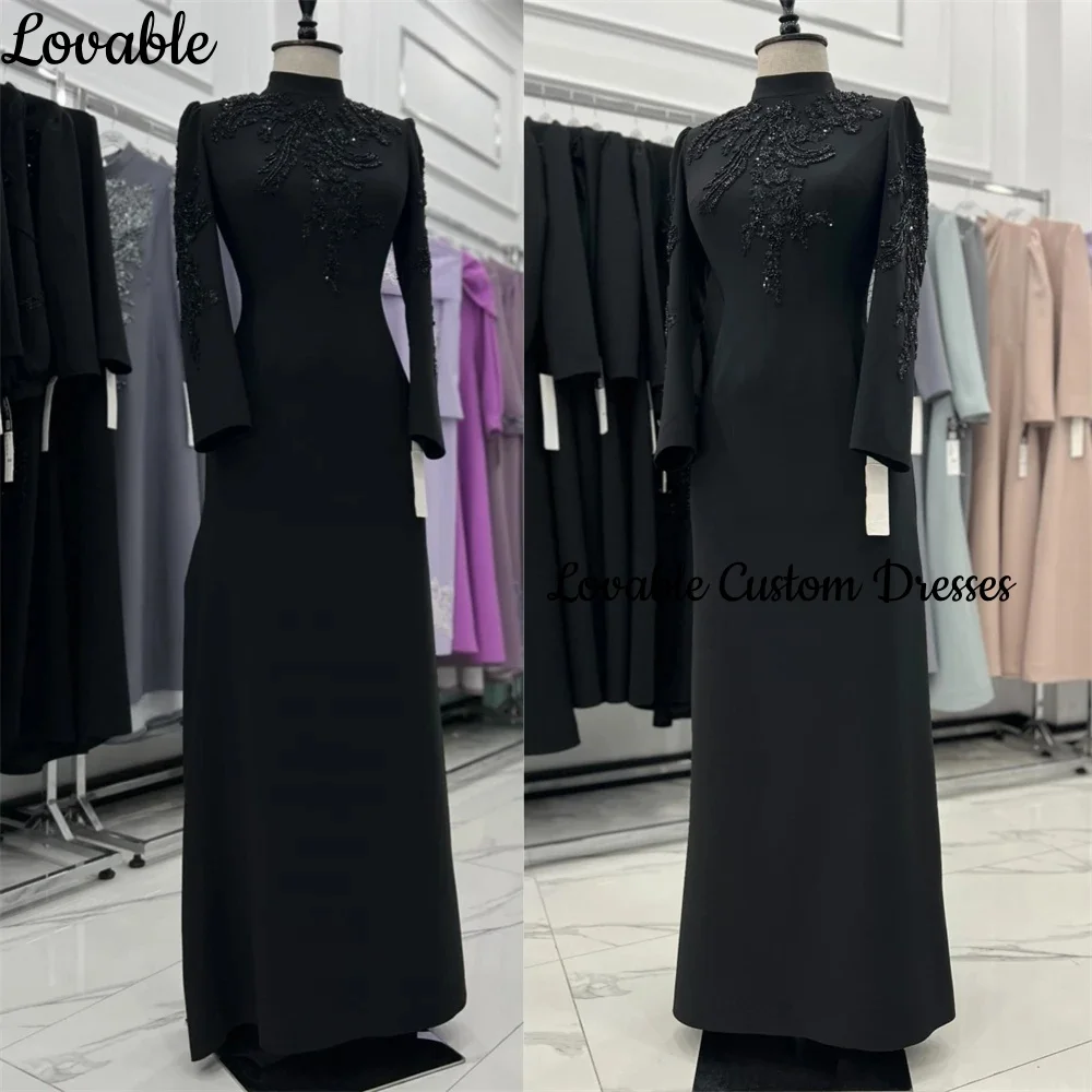 Customized فساتين سهرة A-Line Scoop Neckline Floor-Length Beadings Luxury Evening Dresses Long Sleeves Zipper Up Elegant Party