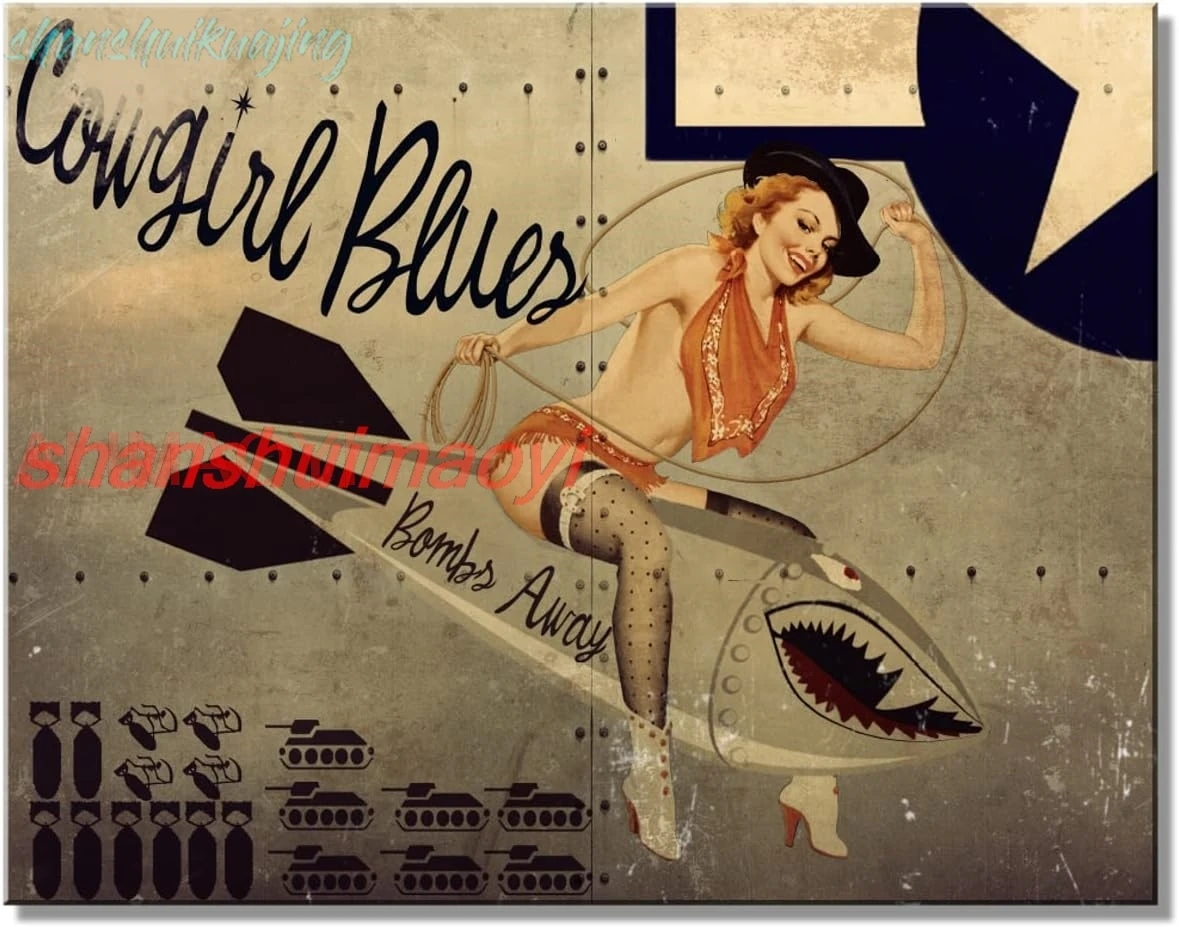 Desperate Enterprises Cowgirl Blues Tin Sign - Nostalgic Metal Wall Decor - Vintage Pinup Girl - Made in USA FGDD sign