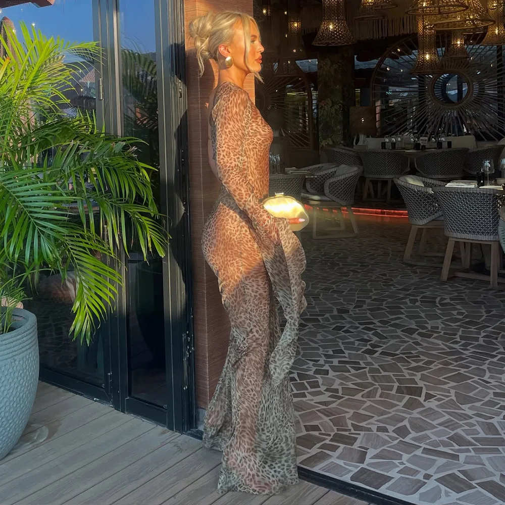 Dresses One Shoulder Leopard Print Maxi Dress Women Inclined Shoulder Backless Beach Holiday Vacation Club Sexy Long Dress