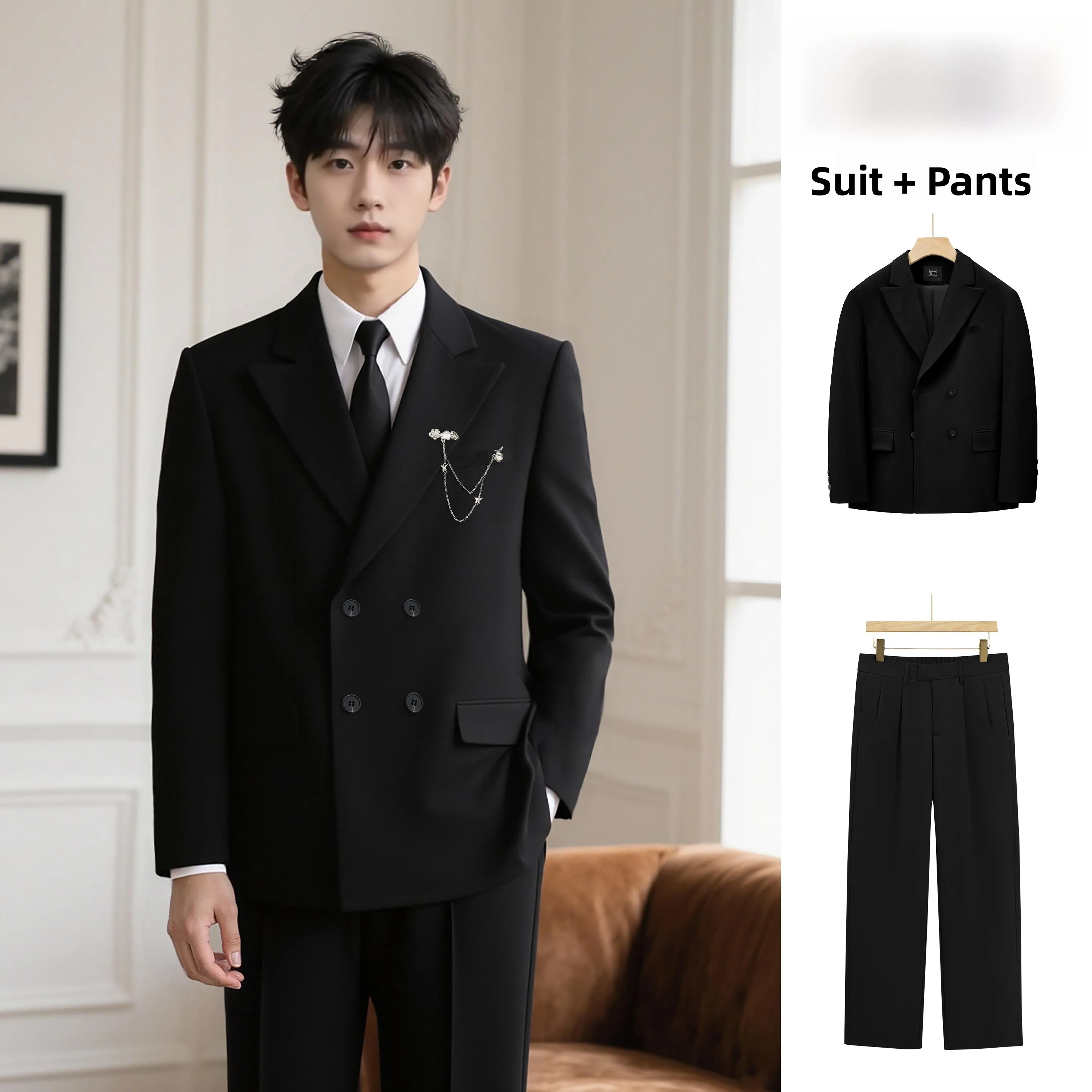 Elegant Double-Row Buttoned Suit Set for Men Wedding Engagement Formal Wear Standard Fit Long Sleeve Pure Color Korean Style