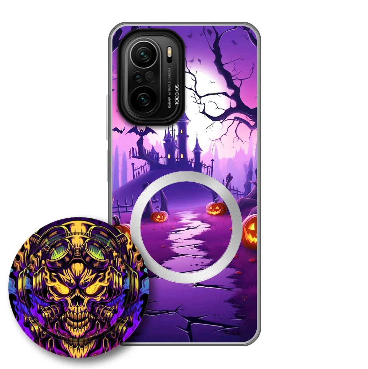 Halloween Skull Pumpkin Print Case For Xiaomi Mi 11i, Detachable Air‑Cushion Kickstand, Color Silver Plating Anti‑Scratch Cover