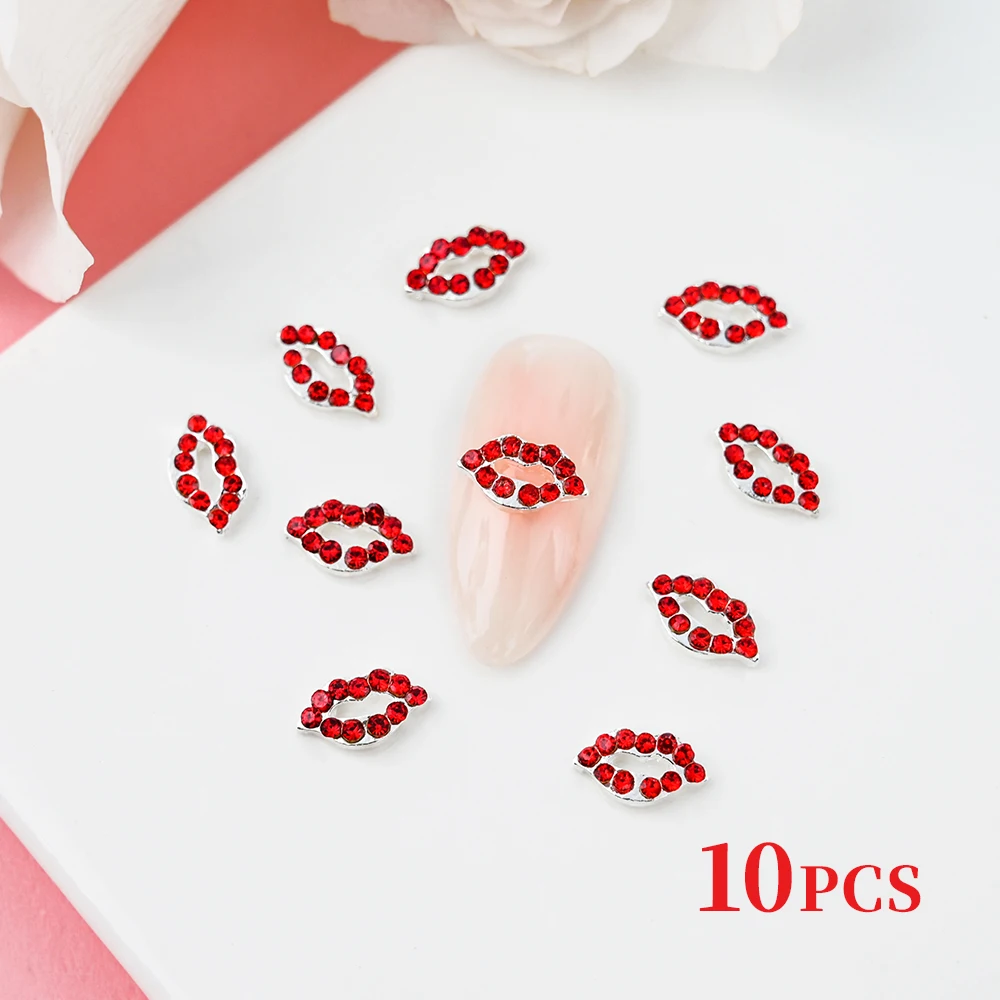 10 Stuks Rood/Roze Luxe Lippen 3d Nail Charmes Romantische Valentijnsdag Charmante Rode Lippen Met Luxe Diamanten Manicure Lippen & * &