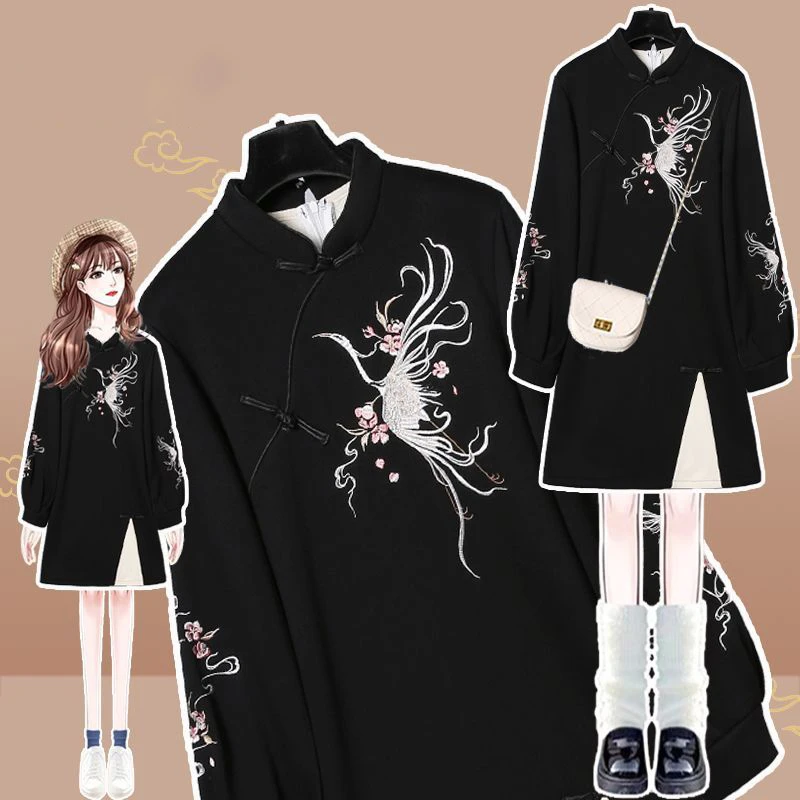 

Fashion Plush Thickened Sweatshirt Dress Women's Winter New Long Sleeve Embroidery Chinese Style Cheongsam Dress Christmas Gift