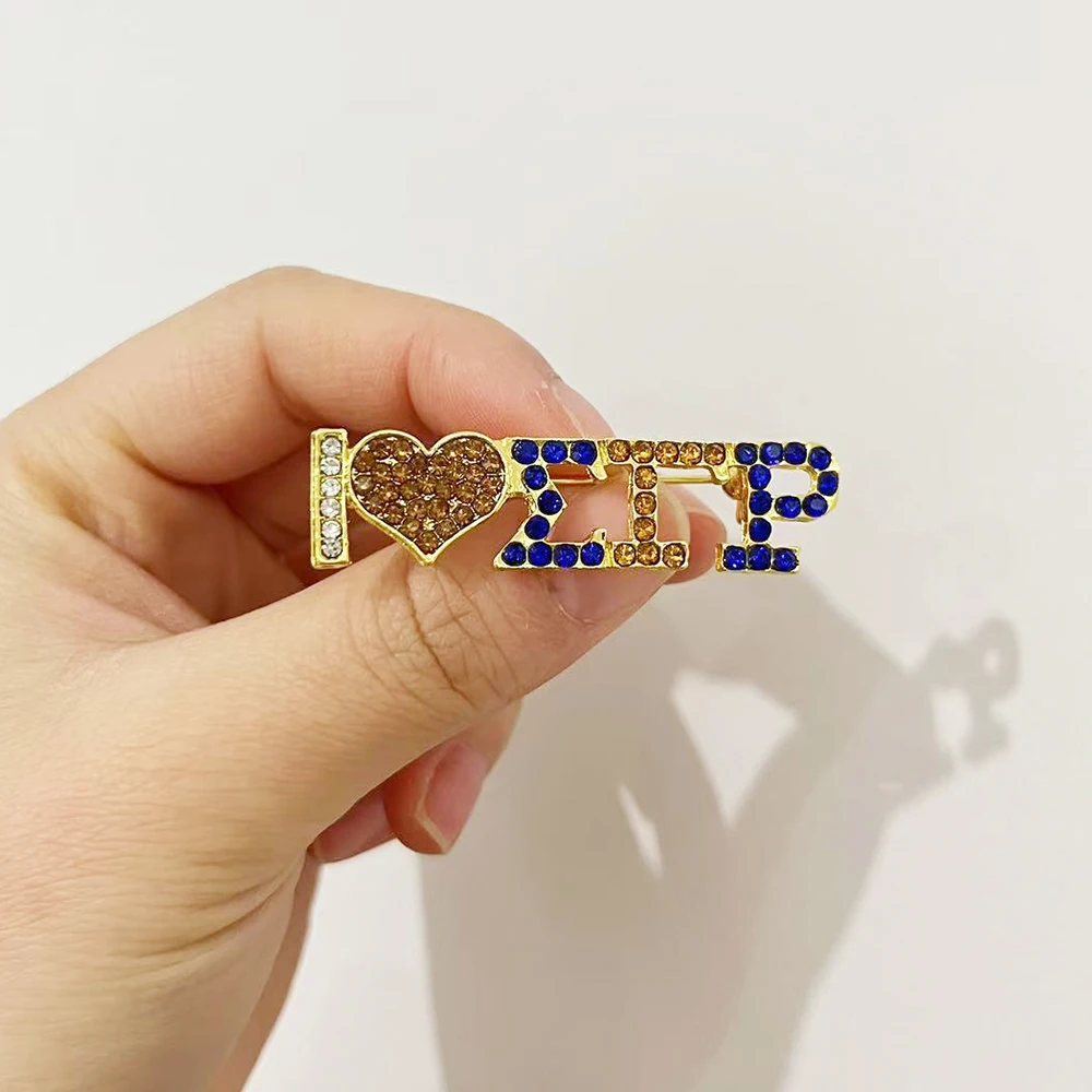 Sigma Gamma Rho blue and gold sorority rhinestone heart pin