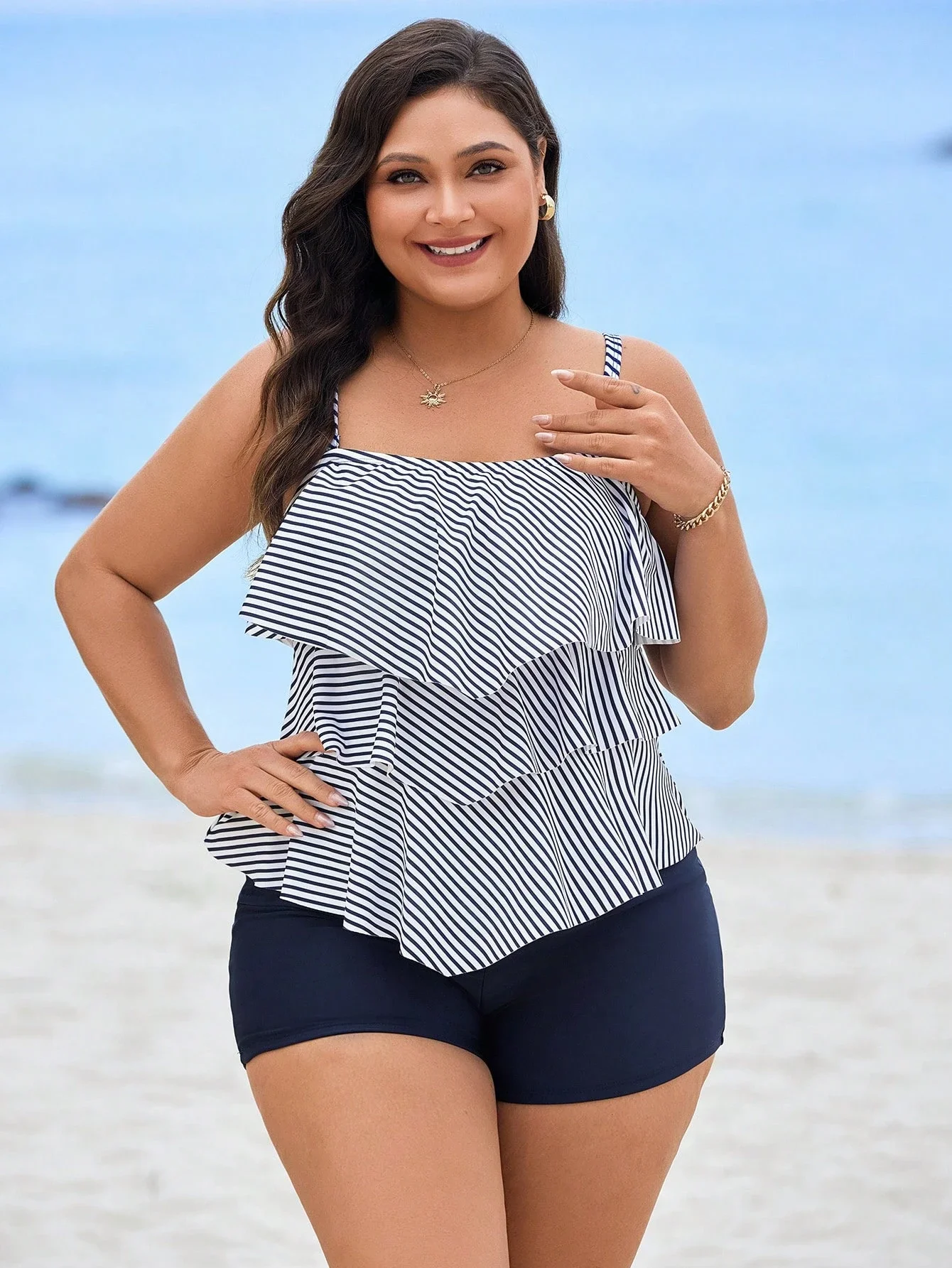 

Women Plus Size 2 Piece Striped Ruffled Tankini Swimsuit For Beach Vacation