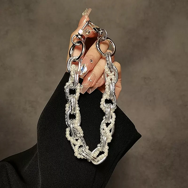 Luxury Pearl Silver Mobile Phone Lanyard Wrist Strap Lady Hand-held Chain Short Anti-lost Cell Phone Earphones Cute Key Pendant