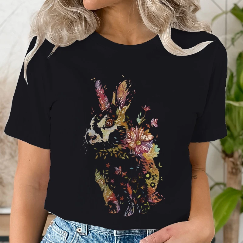 Bunny Graphic T-shirt Clothes Lady Fashion Summer Tshirts Rabbit Flower Trend Cute Women Short Sleeve Female Shirt Tee Clothing