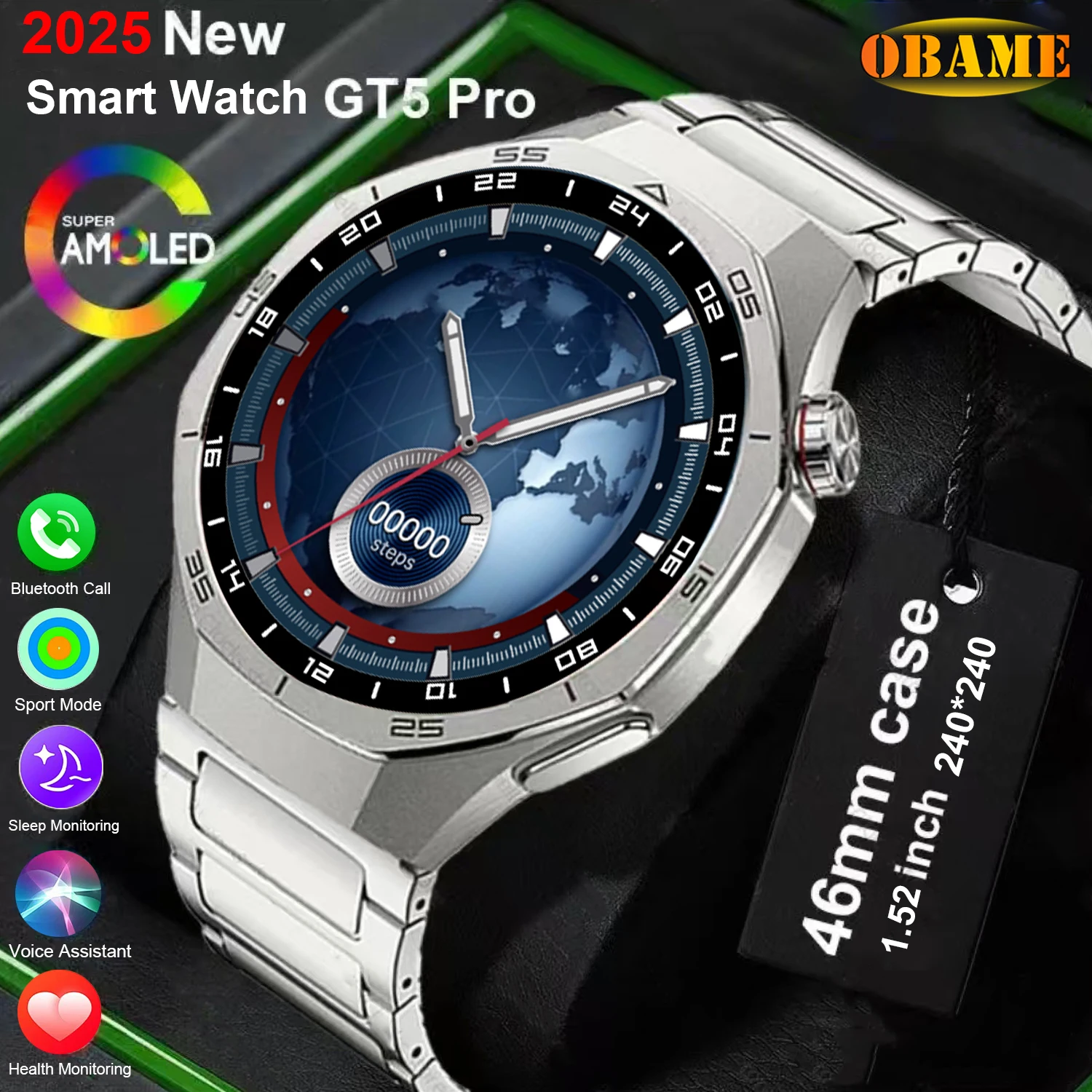 

2025 Новый GT 5 Pro Смарт-мужской AMOLED-экран Спортивные умные часы Bluetooth-вызов Сердечный ритм Кислород в крови Открытый Водонепроницаемые умные часы