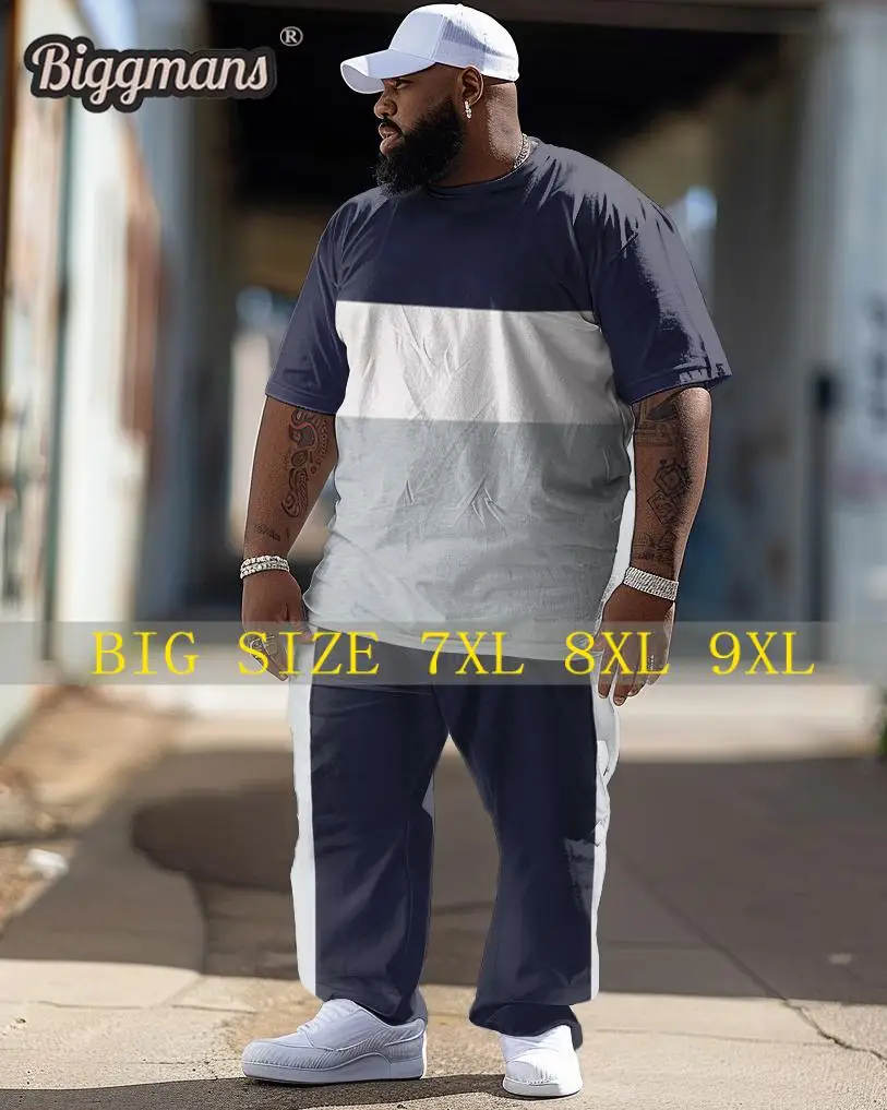 

Biggmans Casual Two Piece Sets T-Shirt for Men's Clothing Simple Color Block Print Fanshion Pants Big Plus Size Suit L-9Xl