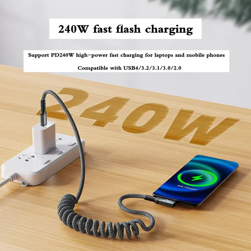 1.2m Thunderbolt 4 Full Function Spring Data Cable Bend Type-C Male to Male 8K Projection 40Gbps Transmission 240W Fast Charging
