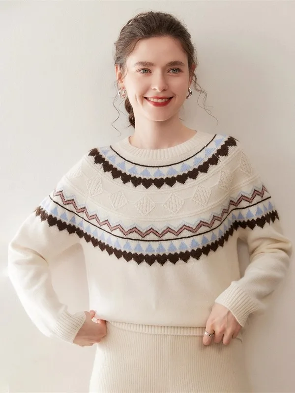 

Nordic Fair Isle вязаный Thiened Baby Camere женский круглый свободный цвет блузка зимний свитер мягкий длинный трикотаж све