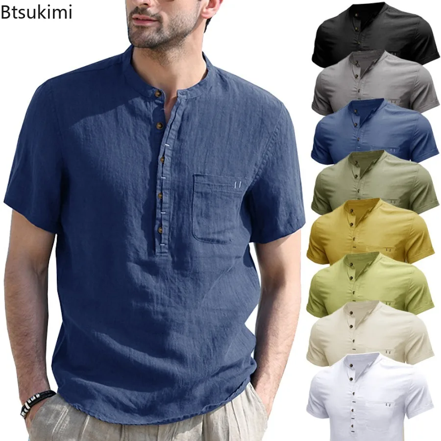 Summer Cotton Linen Casual Shirts for Men Fashion Solid Loose Stand Collar Short-sleeved Vintage Beach Blouse Henry Shirts Male