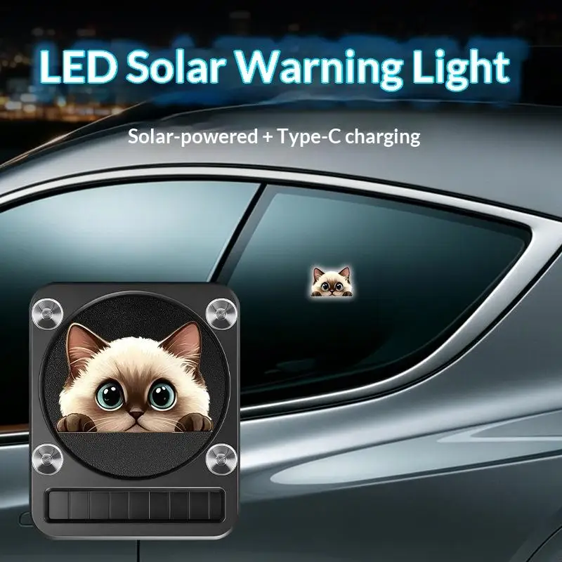 Solar Powered Cute Cat Car Warning Light 3D Dynamic Light Sensor Car Window Light Damage-Free Suction Cup Auto Charging